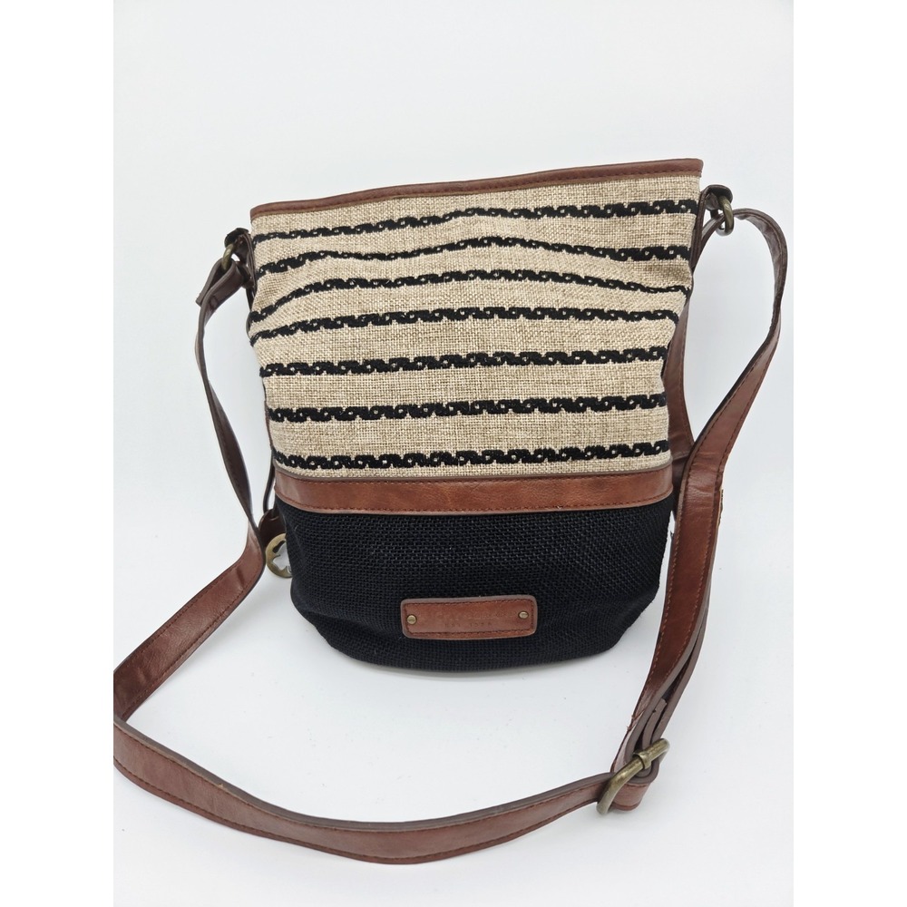 Y2K Lucky Brand Linen/Cotton Twill Canvas Boho Bucket Tote Bag Purse Striped Nav